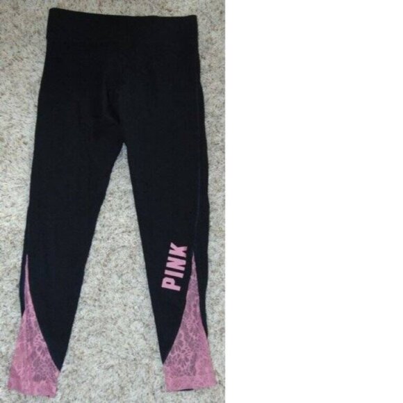 Womens Victorias Secret PINK Yoga Pants Medium Black Cropped Pink Lace Bottoms - Picture 1 of 5